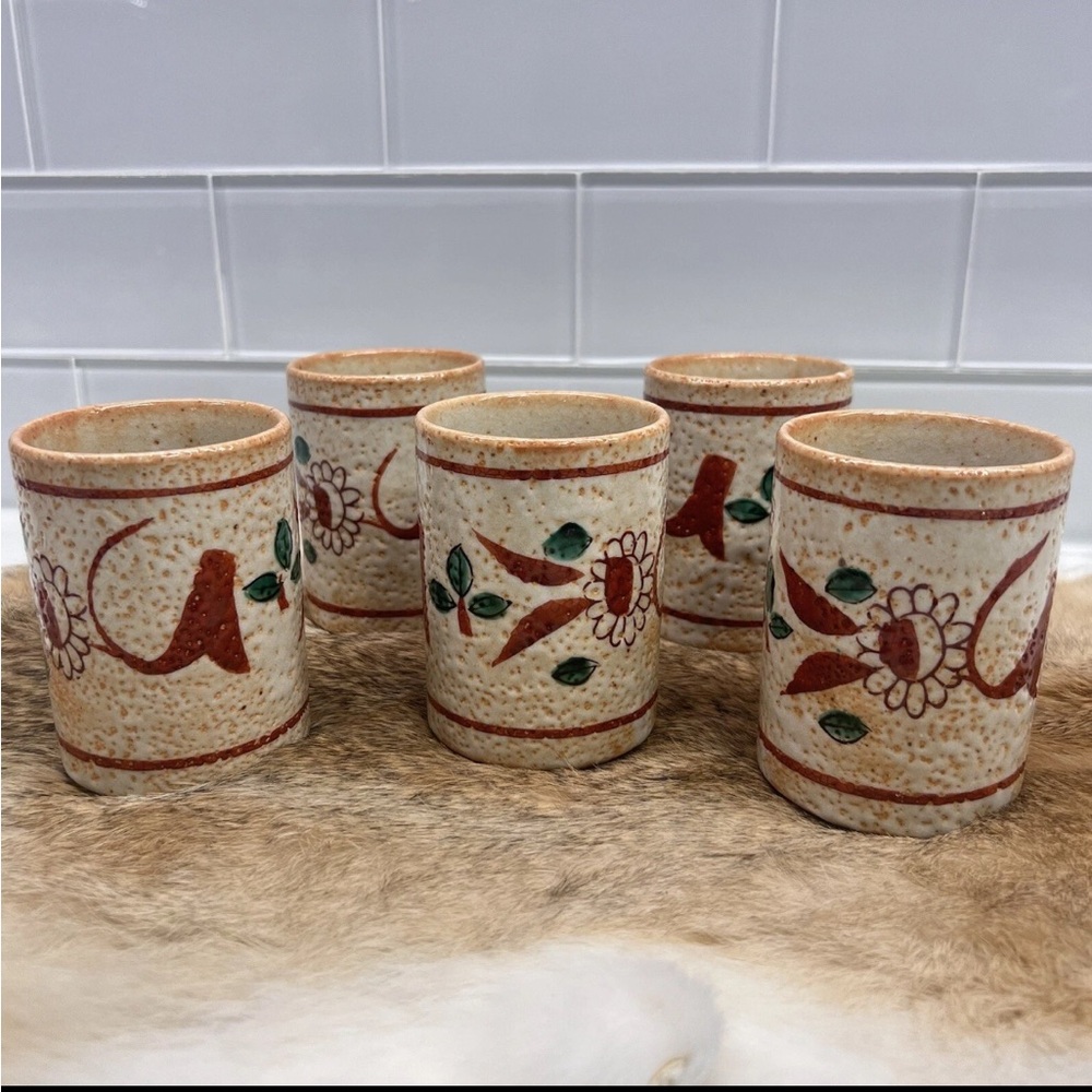Vintage Japanese Tea-cups Minoware/ Otagiri Stoneware Pottery Handpainted Signed